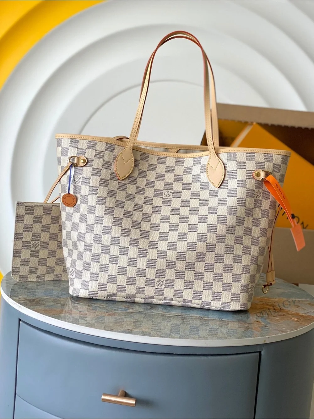 Louis   Vuitton..   Damier Azur Check Canvas Tote in Beige & White